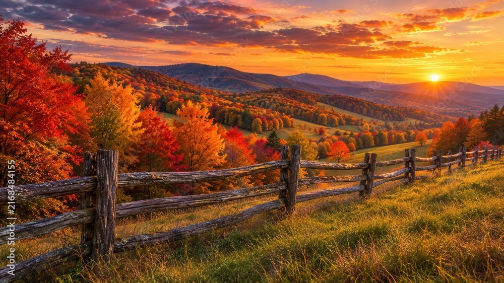 Obraz premium Colorful autumn forest landscape with rustic wooden fence across rolling hills at glowing sunset panorama