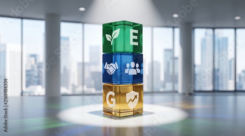 Esg environmental social and governance concept with glowing glass cubes in a modern office building