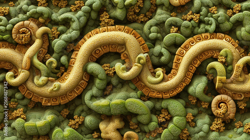 Intricate organic fractal pattern with green and golden serpentine structures