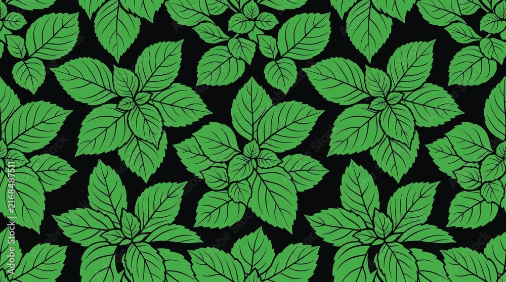 Green mint leaves seamless pattern on black background