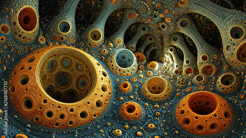 Abstract fractal background with intricate 3D cellular structures and organic patterns in blue and gold