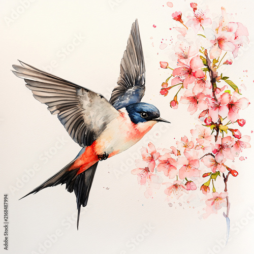 Colorful bird illustration with cherry blossom floral design