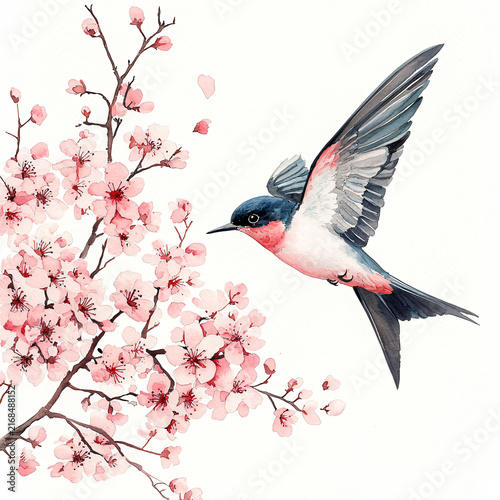 Colorful Bird Flying Near Cherry Blossom Branch in Spring Season