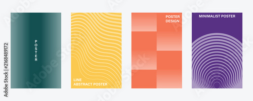 Abstract line poster background vector set. Minimalist cover template collection with vibrant geometric patterns, optical waves, and grid designs. Ideal for social media, banner, and flyer layout