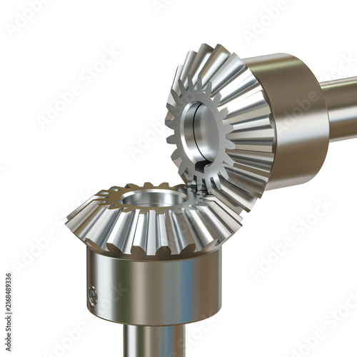 Konstfotografi 3d Two interlocking metal bevel gears rotating