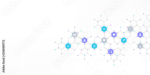Medical background and healthcare technology with flat icons and symbols. Concept and idea for health care business, innovation medicine, health safety, science, medical research, and development.