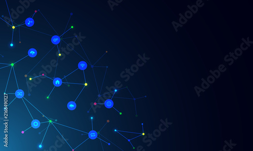 Technology background with flat icons and symbols. Concept and idea for internet of things, communication, network, innovation technology, system integration. Vector illustration