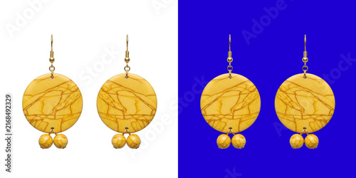 Elegant yellow marble disc dangle earrings with golden hooks accessory transparent png