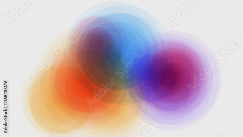 An abstract arrangement of overlapping, translucent circular shapes in shades of blue, purple, orange, and yellow on a white background