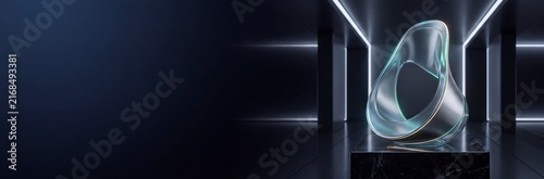 Abstract glass sculpture with illuminated edges on a dark marble pedestal