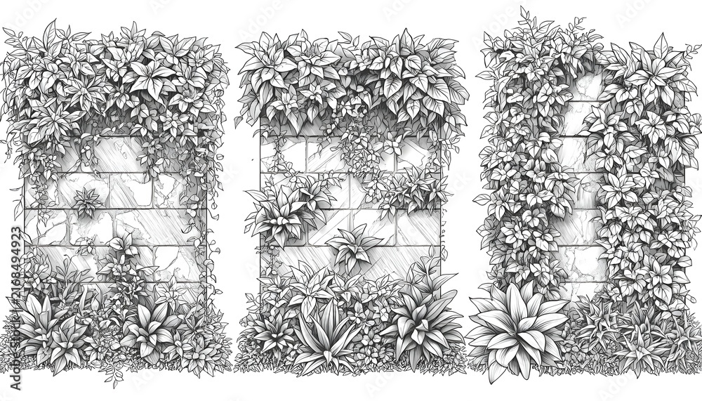 Obraz premium Vertical Garden Wall with Ivy and Plants Line Art Set Transparent Background