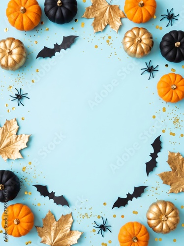 Halloween flat lay frame black, orange, gold pumpkins, spooky bats, spiders, golden leaves, 'BOO' text on light blue wood. Festive autumn holiday background with copy space for seasonal designs.