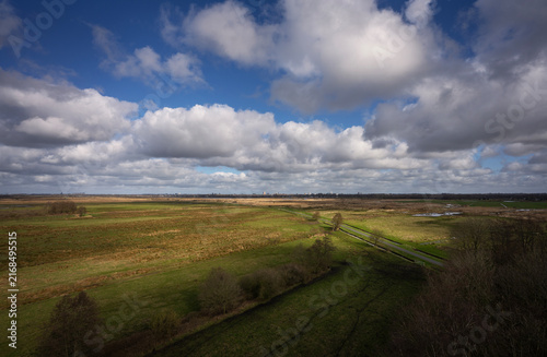 View from the observation tower in nature reserve De Onlanden in the province of Groningen. The nature reserve is located close to the city of Groningen. There you will find rugged hay meadows, swamp 