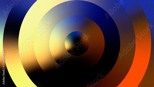 Concentric Circle Target Pattern in Blue and Gold with Film Grain Texture. Radiating Ring Design with Glowing Sphere Core and Grainy Noise Effect