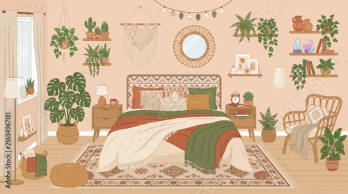 Boho Bedroom Interior Design with Plants and Macrame Decor in Pixel Art Style