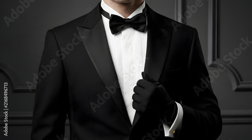 Elegant man in black tuxedo and bow tie wearing formal gloves for luxury event