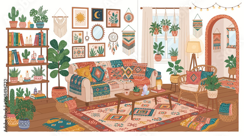 Boho Living Room Interior Design with Potted Plants and Ethnic Decor