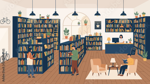 People reading and working in a modern public library with bookshelves, librarian desk, and armchairs in flat vector illustration