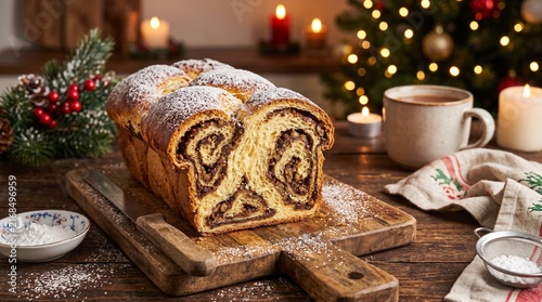 Sliced sweet bread loaf on a wooden board with holiday decorations  