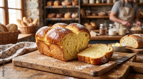 Sliced brioche bread loaf on wooden cutting board in bakery  