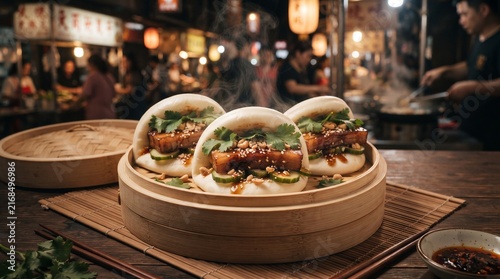 Steamed bao buns with pork and vegetables in a market setting  