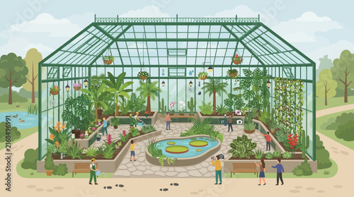 People Visiting a Large Glass Greenhouse Botanical Garden with Tropical Plants