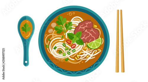 Flat Vector Illustration of Pho Noodle Soup with Beef and Herbs