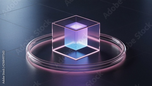 Obraz na płótnie Glowing virtual server cube inside transparent frame and ring, symbolizing isolated cloud infrastructure, secure hosting, and scalable private computing.