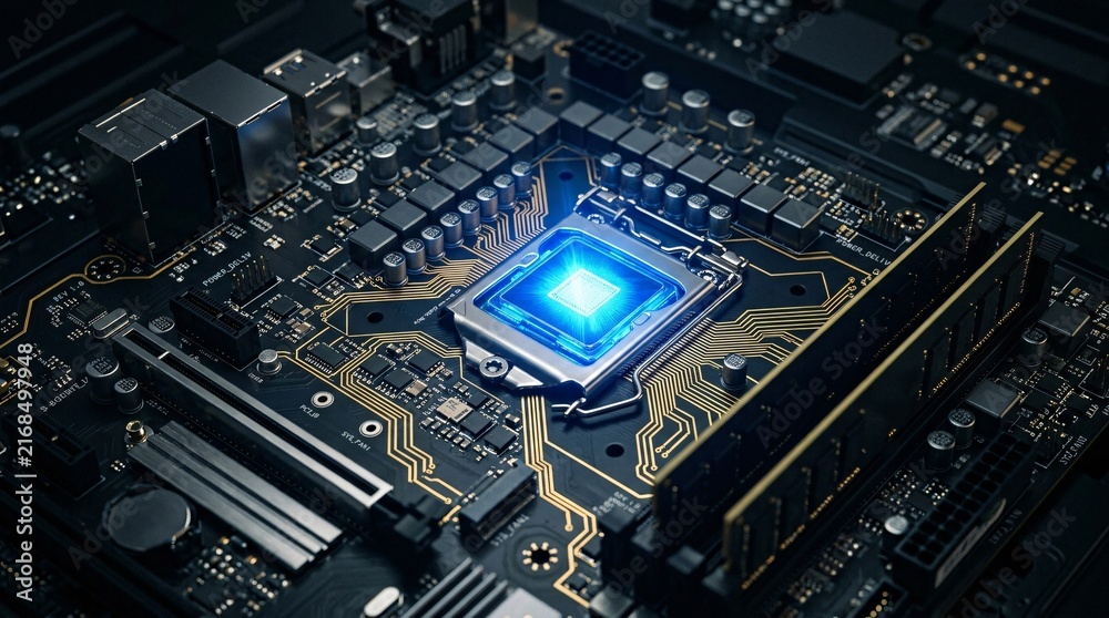 Fototapeta premium High tech futuristic motherboard features a central microchip emitting intense blue glowing light along intricate golden circuits.