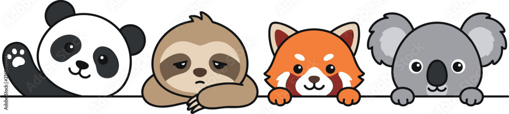 Naklejka premium Cute exotic animals peeking over border vector illustration collection featuring cartoon panda bear sloth red panda and koala faces isolated on white background for children graphic design