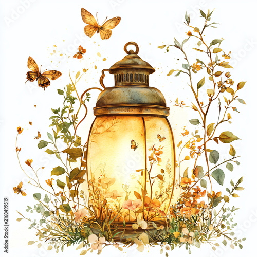 Enchanted Lantern Surrounded by Wildflowers and Butterflies in Nature
