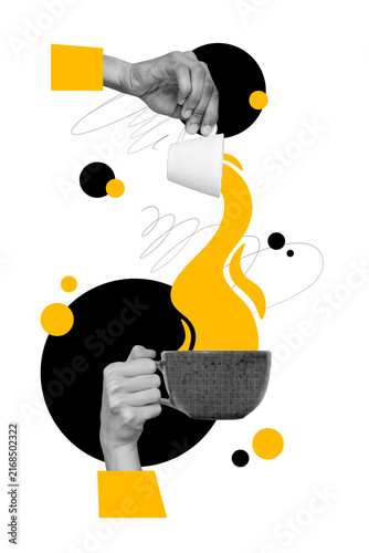 Canvas Print Vertical art banner collage of two hands hold coffee cup beverage pour brew blis