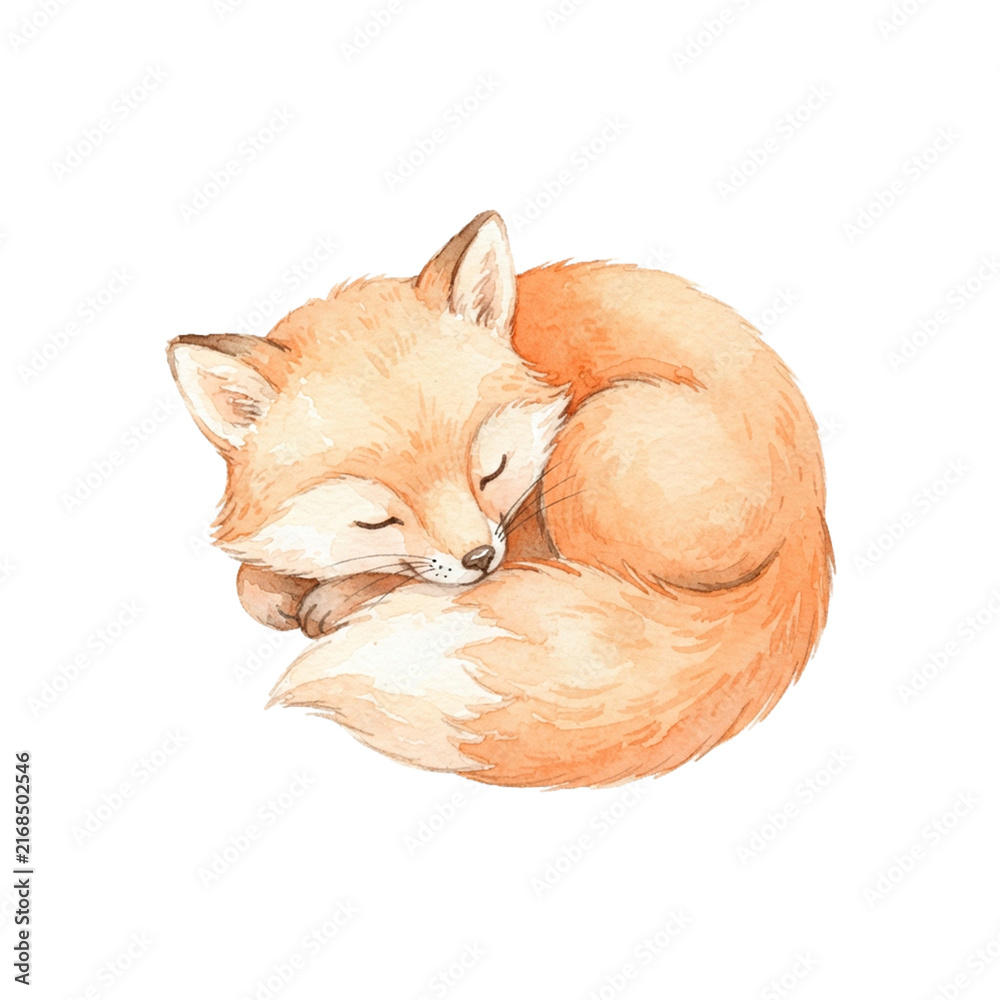Naklejka premium Cute sleeping baby fox cub curled up watercolor illustration isolated on black background