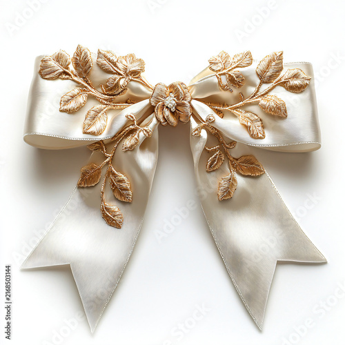 Elegant Decorative Bow with Floral Design and Leaves Embroidery