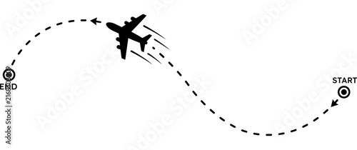 Airplane flight path icon showing travel route from start to end point in vector