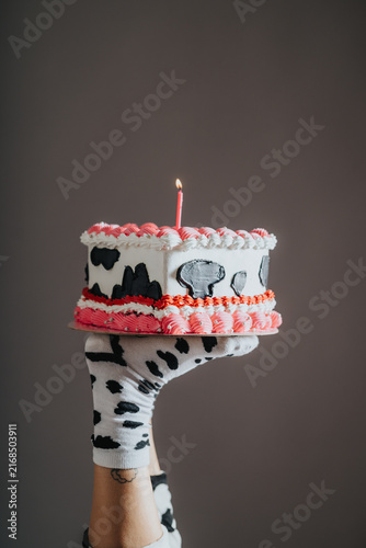 Foto A hand wearing cow-print socks holds a pink-and-white birthday cake topped with a single lit candle