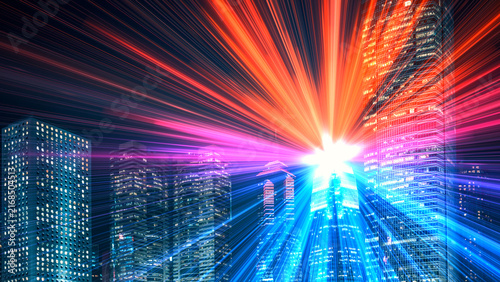 Фотография Dynamic 3D render of a brightly lit Hong Kong cityscape with motion effects