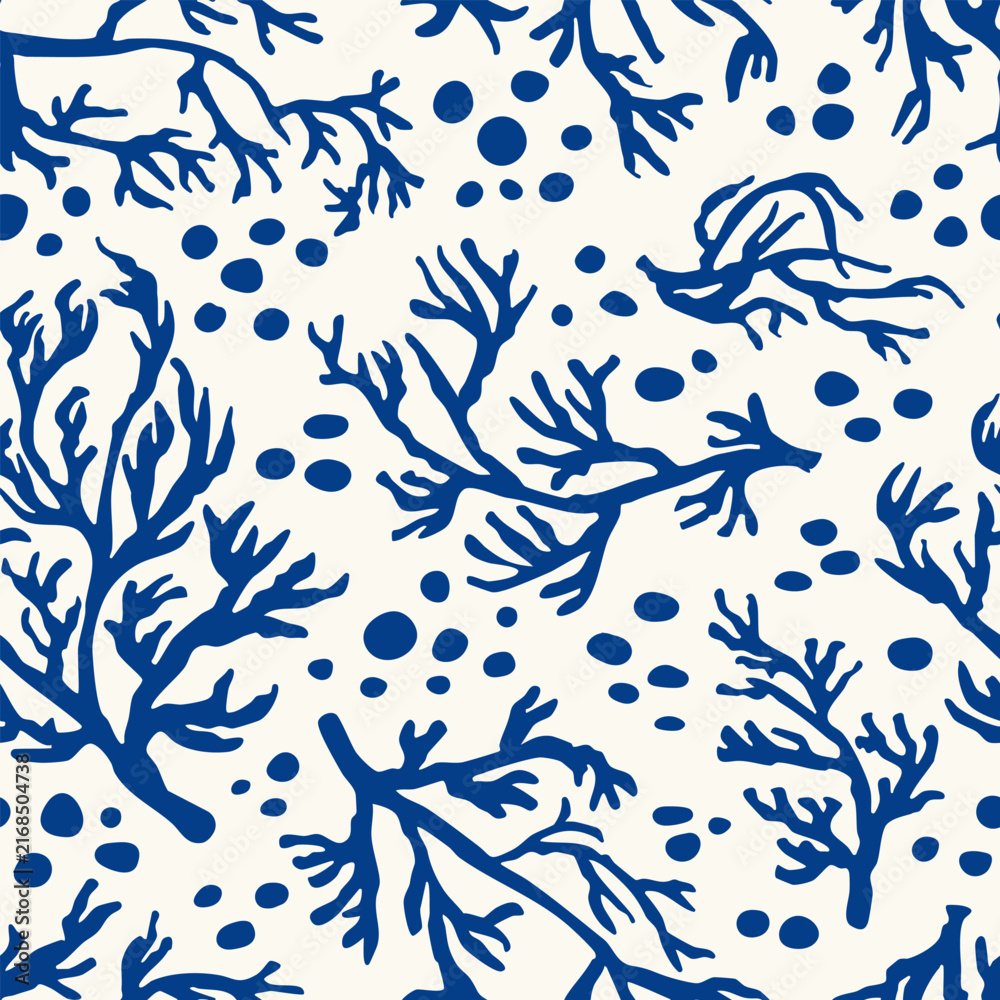 Fototapeta premium Blue organic coral seamless pattern on white background.