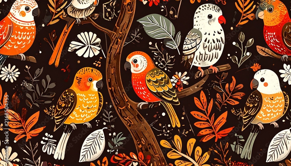 Naklejka premium Colorful Parakeet and Tropical Tree Batik Pattern with Botanical Leaves