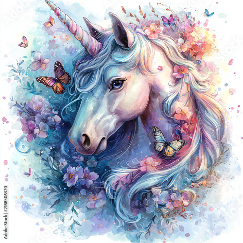 Ethereal Unicorn Surrounded by Colorful Butterflies and Flowers