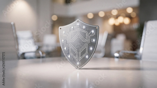 Cybersecurity shield featuring advanced glowing circuit patterns stands upright on a clean desk inside a contemporary corporate office providing digital protection concepts.
