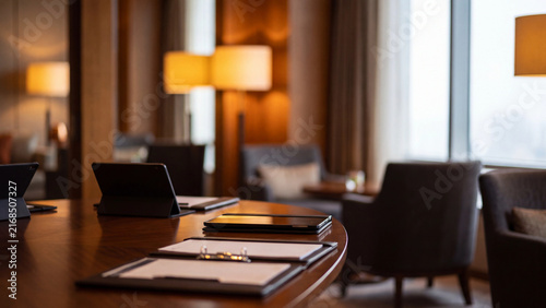Conference table equipped with professional writing pads and modern electronic tablets stands inside a brightly lit executive boardroom overlooking the corporate skyline.