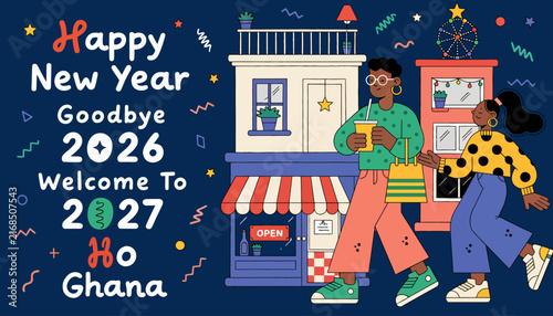 Happy New Year 2027 Ghana: Two Friends Celebrating on a Colorful Street with Shops and Fireworks