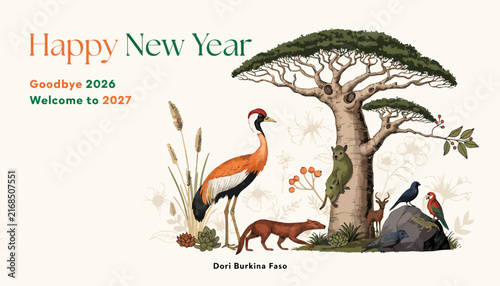 Happy New Year 2027 - Festive Greeting Card with Animals and Nature Illustration