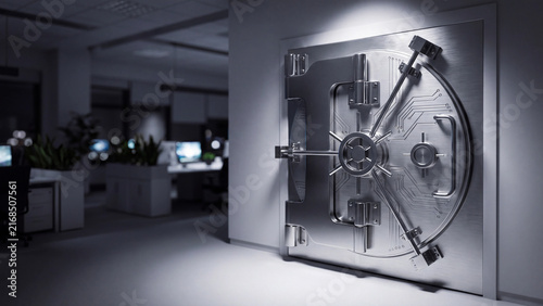 Heavy metal vault door installed in secure financial institution or corporate office with dark interior lighting creating a sense of safety.