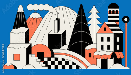 Stylized Winter Village Scene with Mountains, Trees, and Buildings - Flat Design