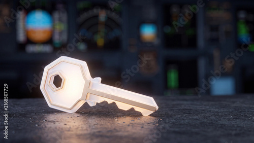 Glowing white key resting on a dark textured surface with a complex technological control panel blurred in the background during a digital security operation.