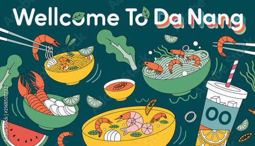 Vietnamese Cuisine Celebration: Fresh Seafood Noodles, Shrimp, Lobster, Watermelon and Drink Art