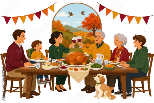 Family having thanksgiving dinner roasted turkey autumn harvest festive meal celebration vector illustration isolated PNG with Transparent Background