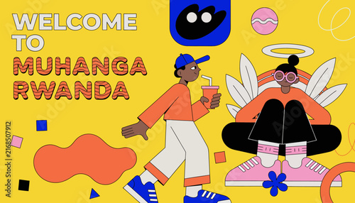 Welcome to Muhanga, Rwanda - Vibrant Illustration of People and Abstract Shapes on Yellow Background